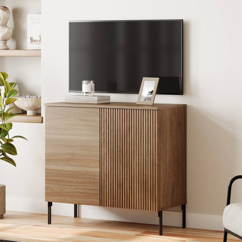 31.5" Modern Reeded TV Stand With Doors, Entertainment Center With Shelf, Wooden TV Console 