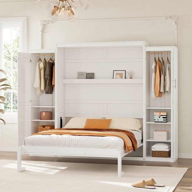 Full Size and Queen Size Murphy Bed, Wooden Queen Wall Bed with 2 Wardrobe and Storage Shelf