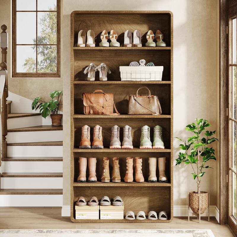 71" Shoe Storage Cabinet, 6-Tier Wooden Vertical Shoe Rack Organizer with Open Shelf for Entryway, Living Room