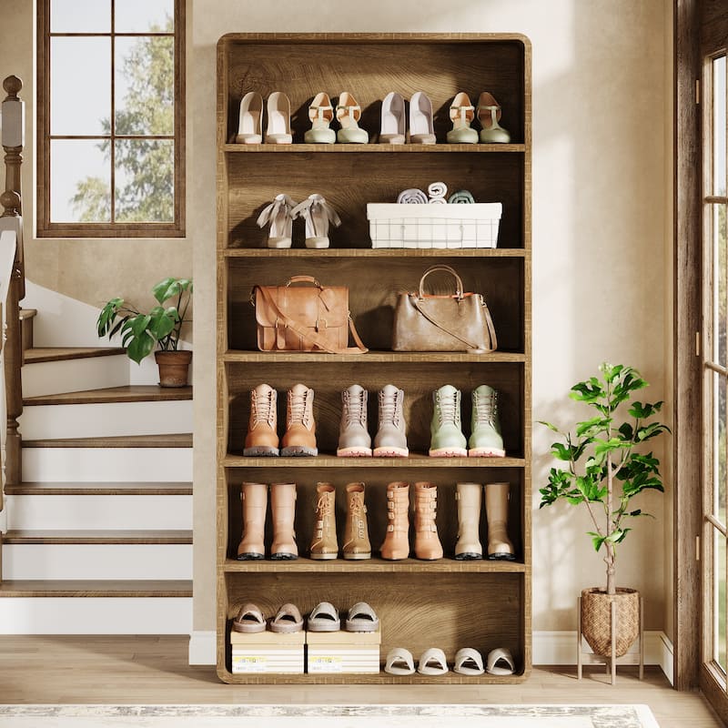 71-Inch Tall Shoe Storage Cabinet, 6-Tier Wooden Vertical Shoe Rack