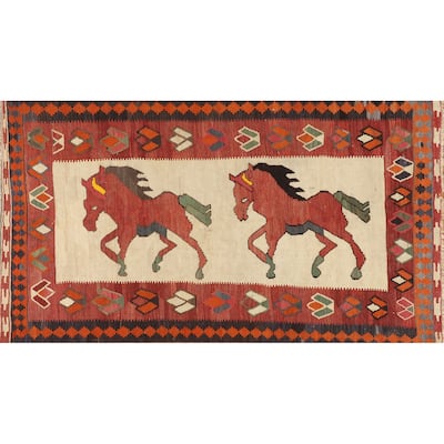 Kilim Qashqai Persian Vintage Area Rug Hand-Woven Beige Wool Carpet - 4'8"x 8'1"