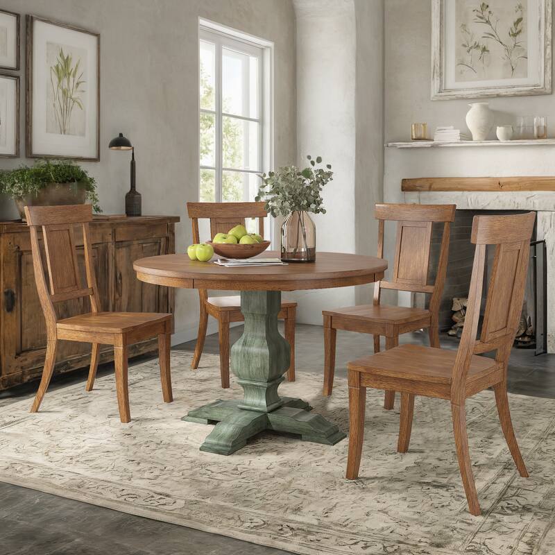Ronda 45" Round Solid Wood Top Dining Set with Panel Back Chairs - Antique Sage Green Table - Oak Chairs