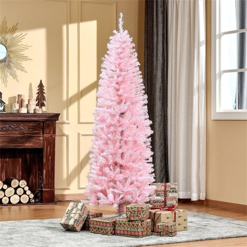 Pink Plastic Steel Slim Pencil Christmas Tree with 618 Tips and Stand - 27" Dia x 72" H