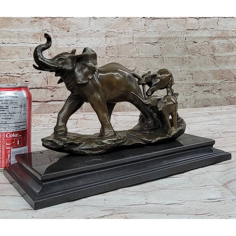 Mother Elephant And Baby Calf Bronze Statue Sculpture Original Art On Marble Base