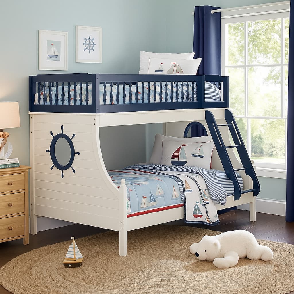 Twin Over Full Bunk Bed with Baluster Style Guardrails, White and Blue