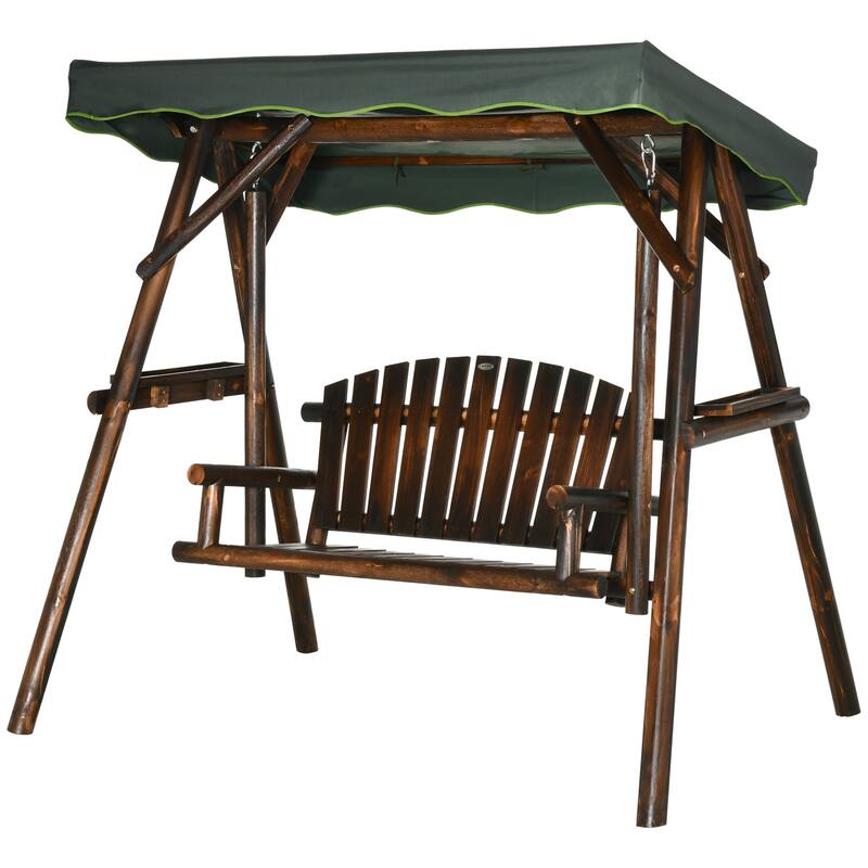Outdoor Patio Swing Chair Wooden Bench With Canopy And Side Tray - 72.75" W x 54" D x 65.75" H