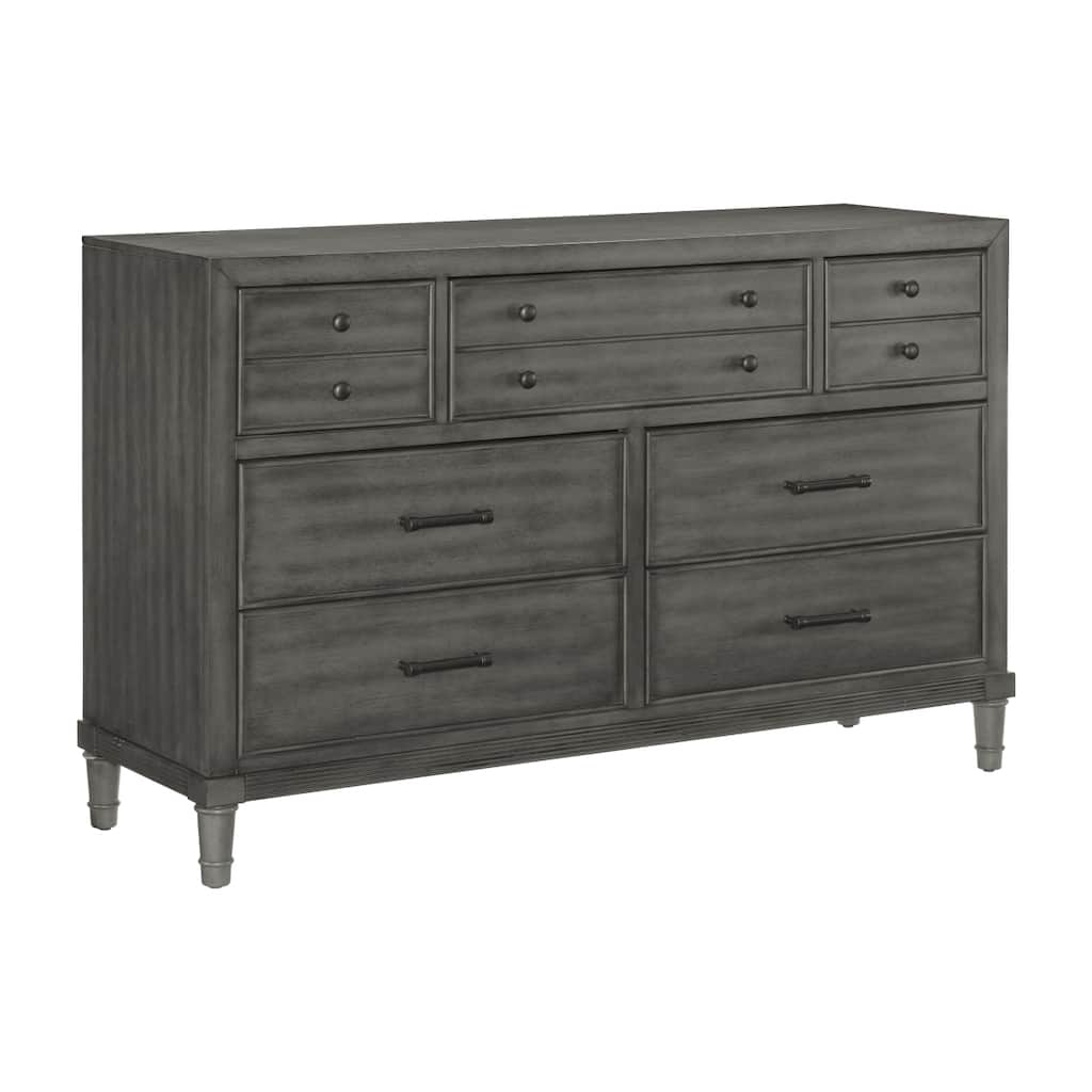 Ceila 58 Inch Wide 7 Drawer Dresser, Twin Knobs, Round Tapered Legs, Gray
