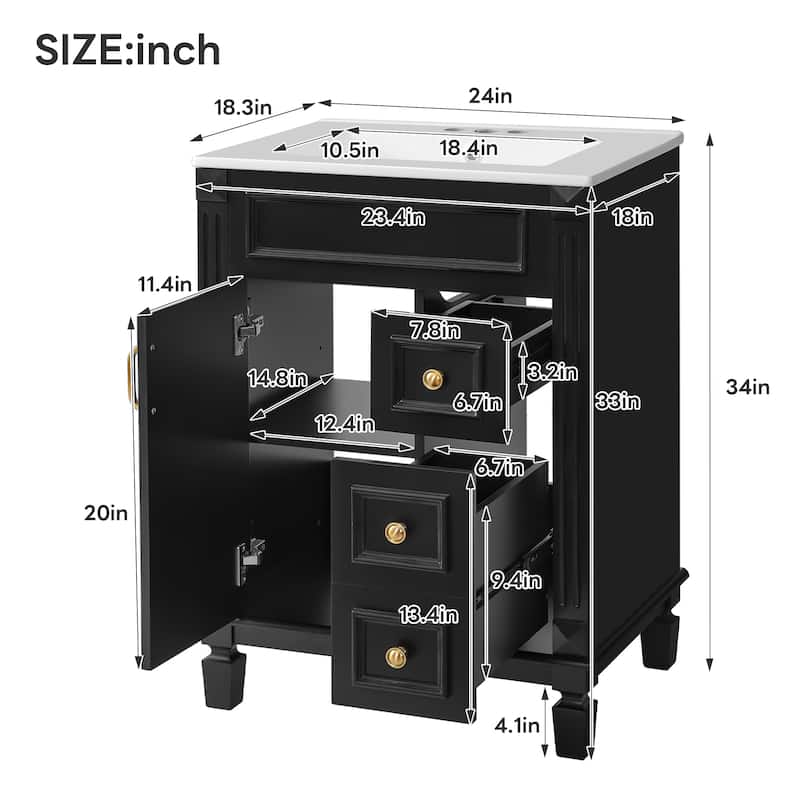 24" Bathroom Vanity with Ceramic Sink Bathroom Storage Cabinet with 2 Drawers and Adjustable Shelf