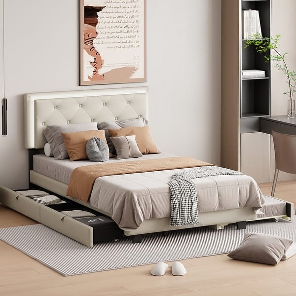 slide 2 of 14, Beige Button-Tufted Wingback Bed Velvet Frame Storage Platform Full Bed with Drawers, Trundle Bed and Smart LED Light Bed Frame Beige - Full