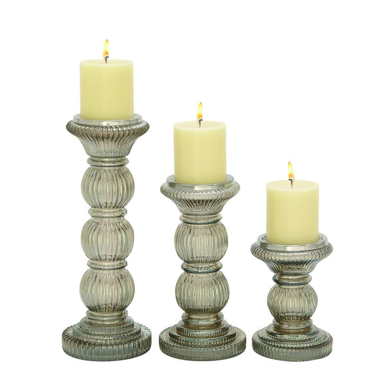 Gray Glass Handmade Turned Style Pillar Decorative Candle Holder (Set of 3)