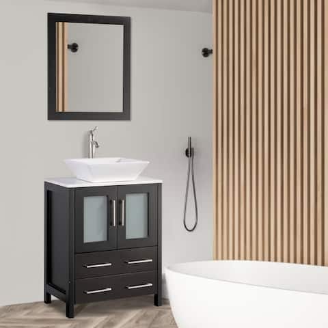 Vanity Art 24-inch Single Sink Bathroom Vanity Set 2 Dove-Tailed Drawers, 1 Cabinet, 1 Shelf, Quartz Top with Free Mirror