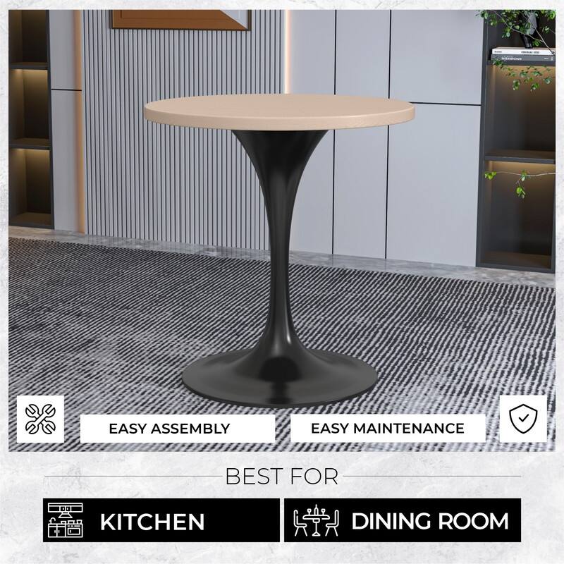 Verve 27" Modern Round MDF Solid Wood Top Accent Dining Table with Black Pedestal Steel Base for Home Kitchen and Living Room