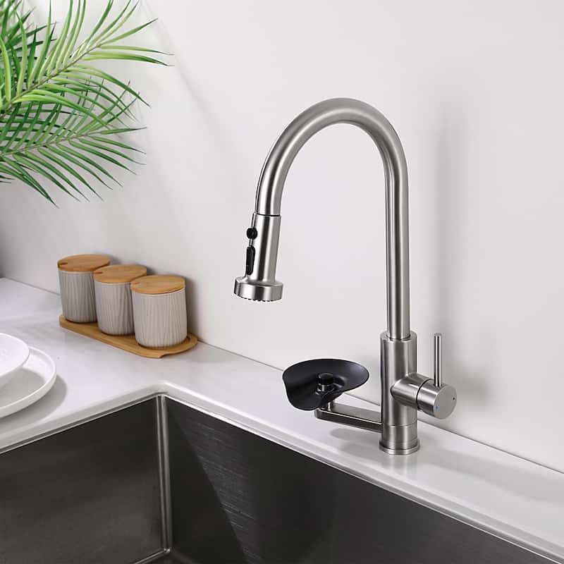 Modern 3-in-1 High-Arc Pull-Down Sprayer Kitchen Faucet with 3 Function Spray Mode & Press-Type Glass Rinser