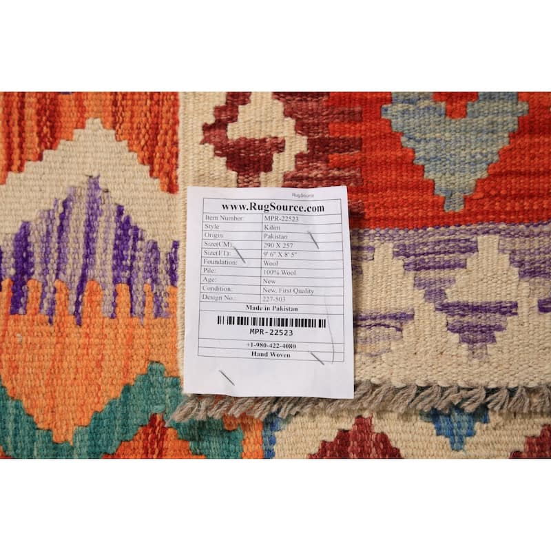 Colorful Geometric Kilim Oriental Area Rug Hand-Woven Wool Carpet - 8'5" x 9'6"