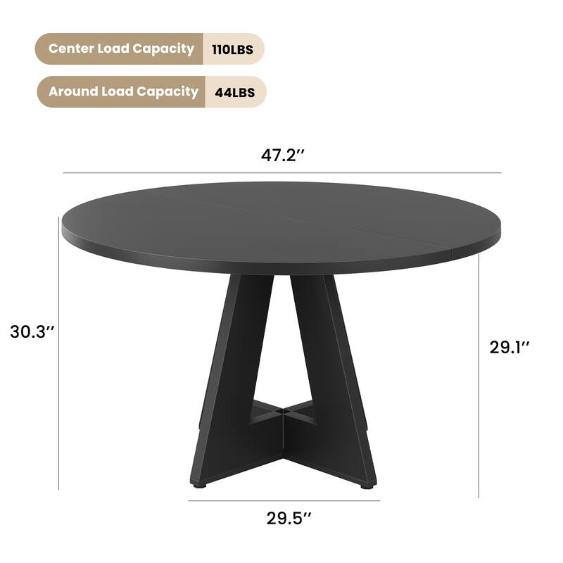 47" Round Dining Table for 4-7 People, Modern Wood Kitchen Table with Metal Base, Large Round Dinner Table