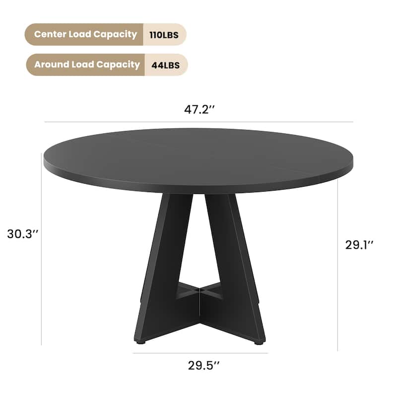 47" Round Dining Table for 4 People, Wood Kitchen Table with Sturdy Metal Base, Large Meeting Table Office Table