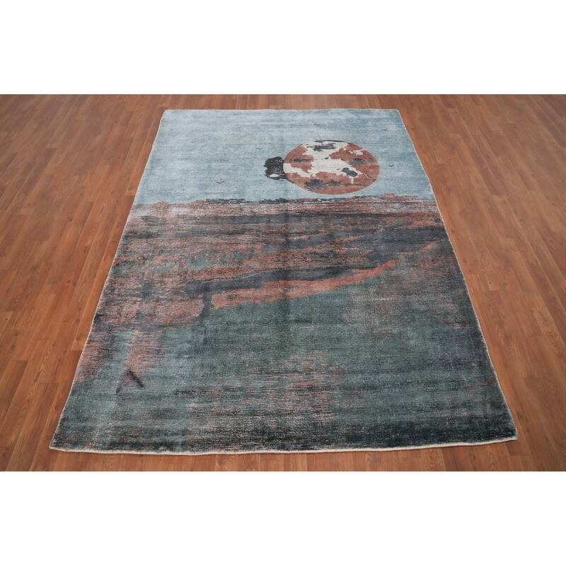 Hand Knotted Oriental Viscose Silk Carpet Modern Pictorial Multi-Colored Abstract Area Rug - 7' 8'' X 5' 9''