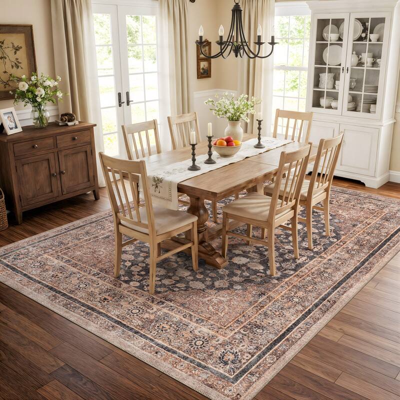 Black Traditional Flat Pile Rug - Washable and Pet Friendly, Non-Slip Surface