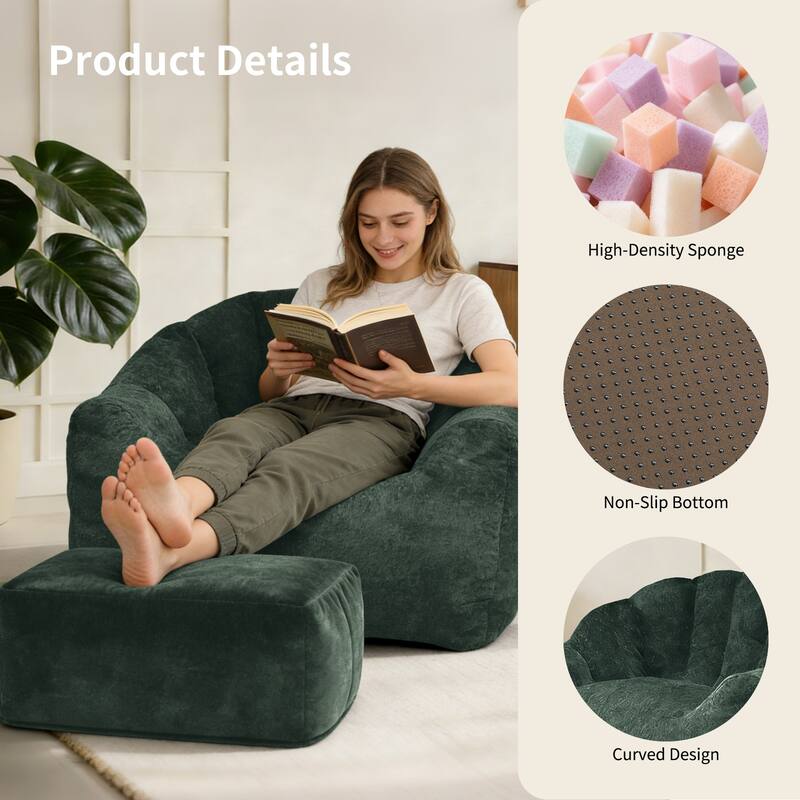 High-Density Foam Bean Bag Chair with Armrests, Comfortable Lounger for Living Room & Bedroom