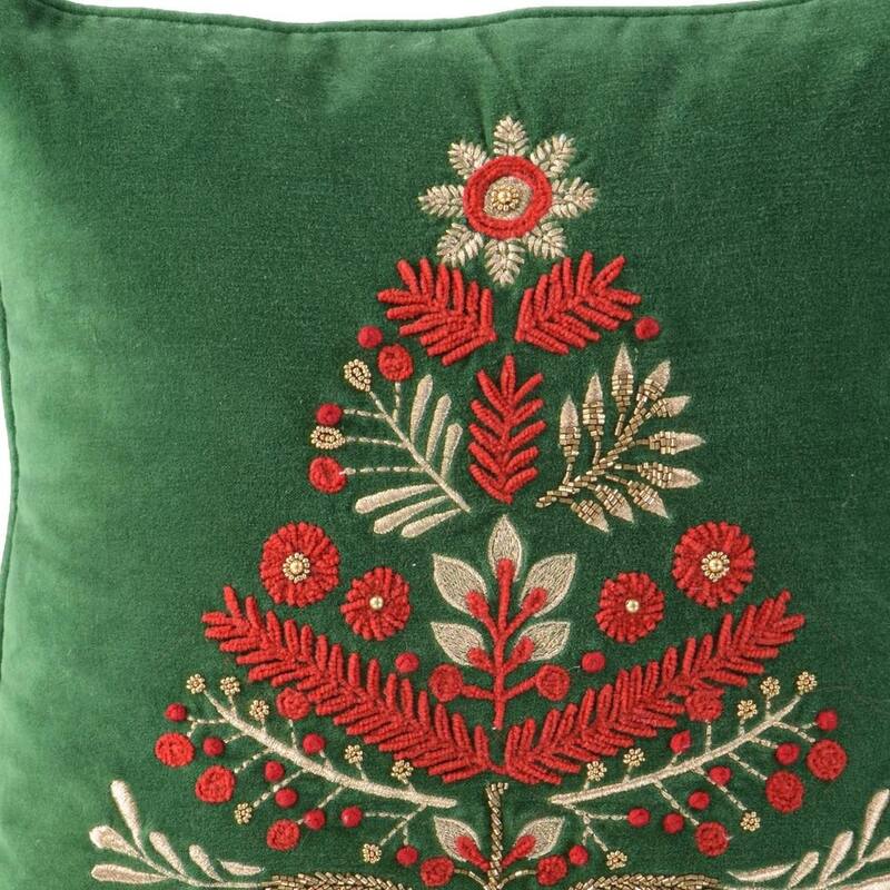18" Green And Red Floral Velvet Cotton Christmas Tree Throw Pillow