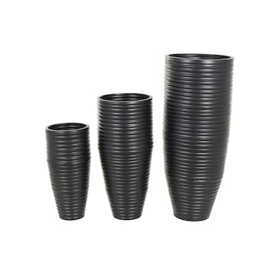 Metal Ribbed Tall Floor Vase with Horizontal Grooves - Set of 3 Black - Roche River Decor - 19"W x 19"L x 46"H