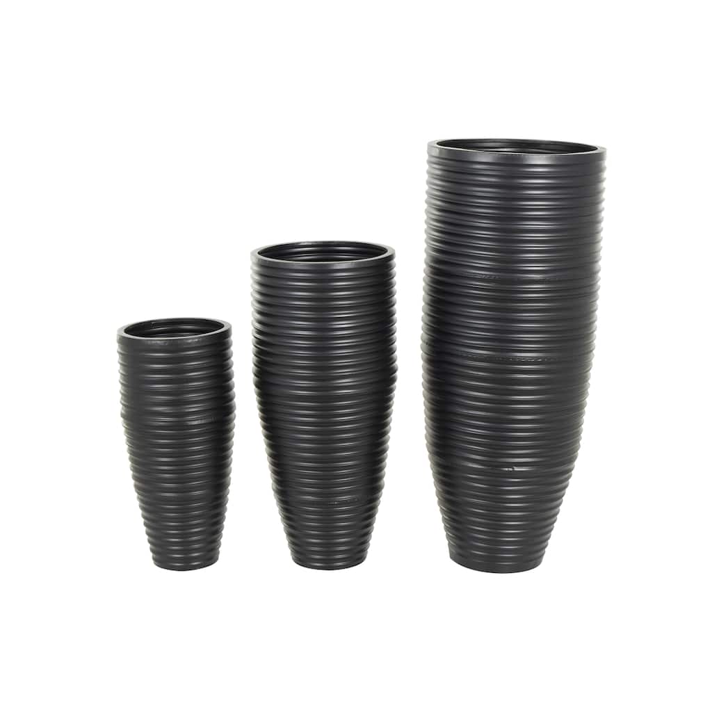 Metal Ribbed Tall Floor Vase with Horizontal Grooves - Set of 3 Black - Roche River Decor - 19"W x 19"L x 46"H