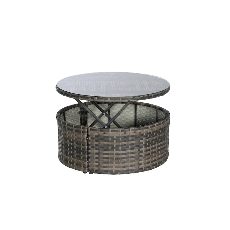 5 Pieces Outdoor Patio Round Daybed Furniture, Wicker Conversation Set with Retractable Canopy, Soft Cushions
