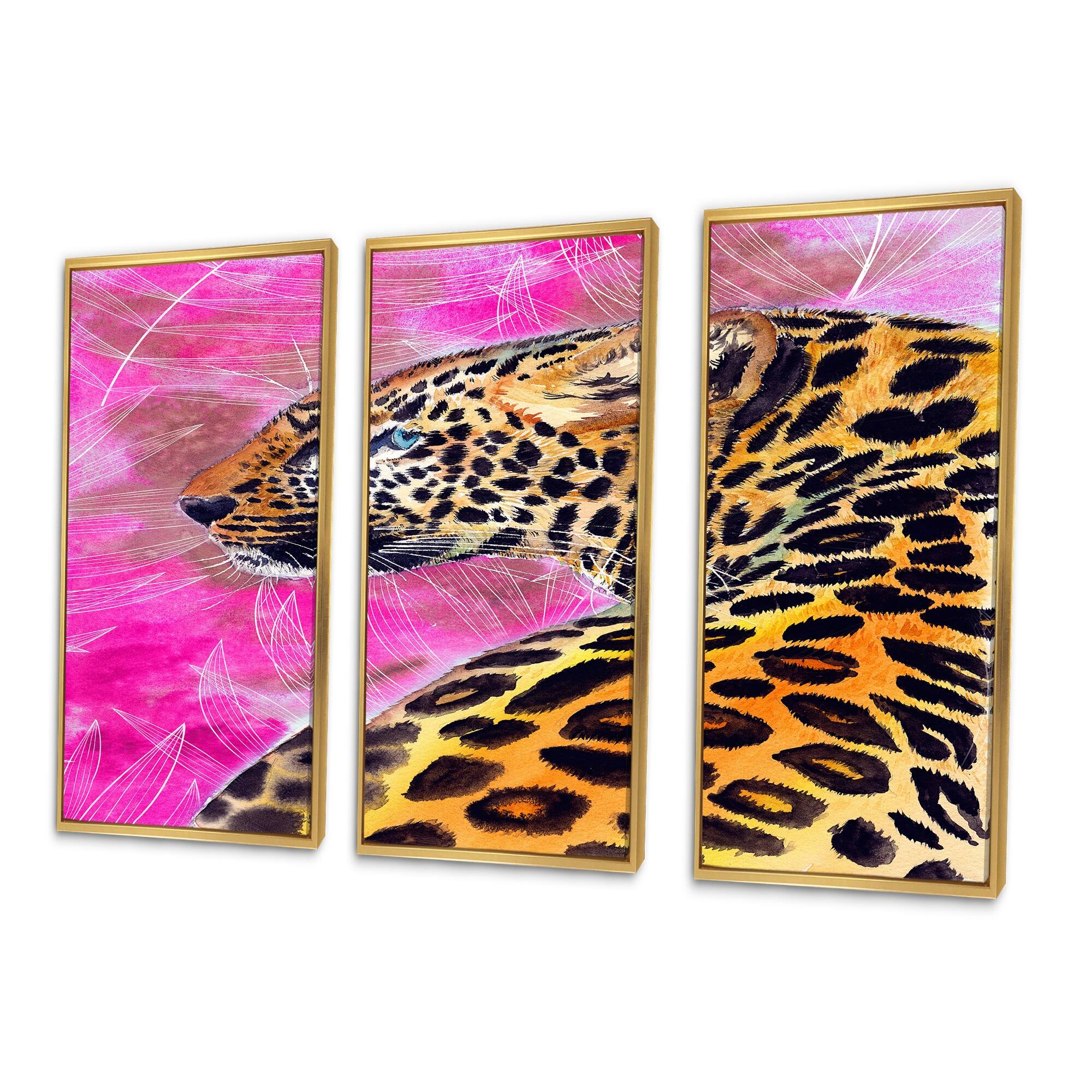 Designart "Golden Leopard With Black Spots On Pink" Traditional Framed