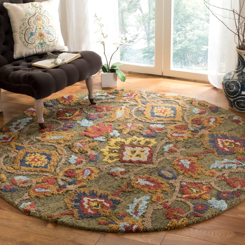 SAFAVIEH Fiorello Handmade Blossom French Country Wool Area Rug - 12' Round - Green/Multi