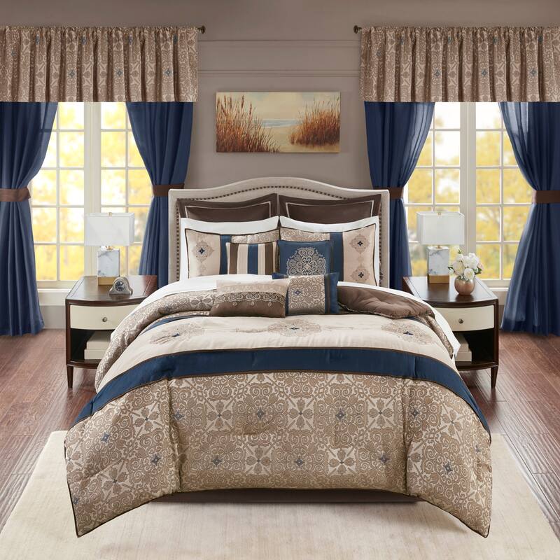 Madison Park Essentials Parker Jacquard Embroidered Pieced 24 Piece Room in a Bag - Navy - California King