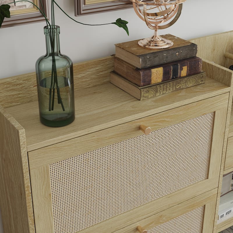 Freestanding Shoe Storage Cabinet, Narrow Hidden Shoe Rack with 3 Rattan Flip Drawers, 3 Square Shelves & 1 Storage Drawer
