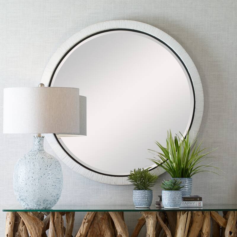 Round Rattan Wrapped Beveled Wall Mirror - 39.25" - White and Black