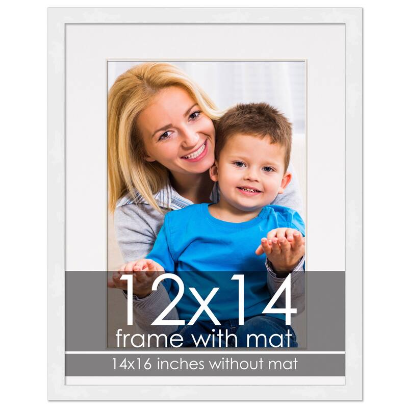 12x14 Frame with Mat - White 14x16 Frame Wood Made to Display Print or Poster Measuring 12 x 14 Inches with White Photo Mat - White