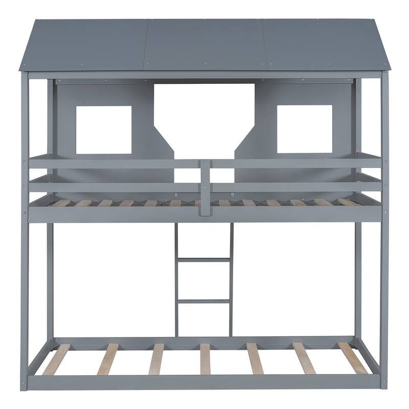Bunk Bed Wood Bed with Roof, Window, Guardrail, Ladder