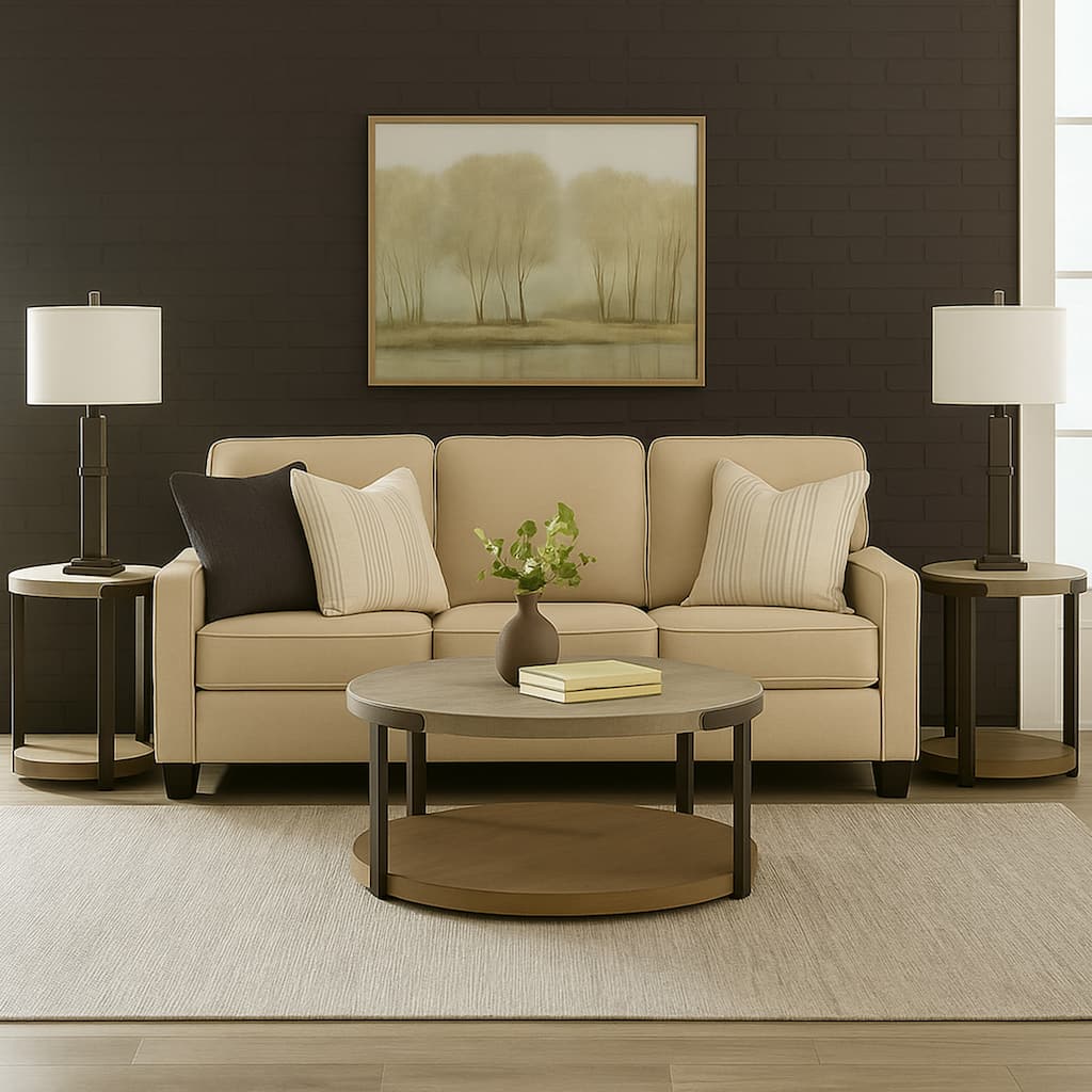 Hein 3pc Coffee n End Table Set, Gray Round Top w Shelf and Wheels