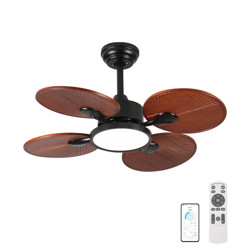 33-Inch Ceiling Fan with Light, 5 Solid Wood Blades, DC Motor, APP & Remote Control, Dimmable Full-Spectrum LED - Antique Natural