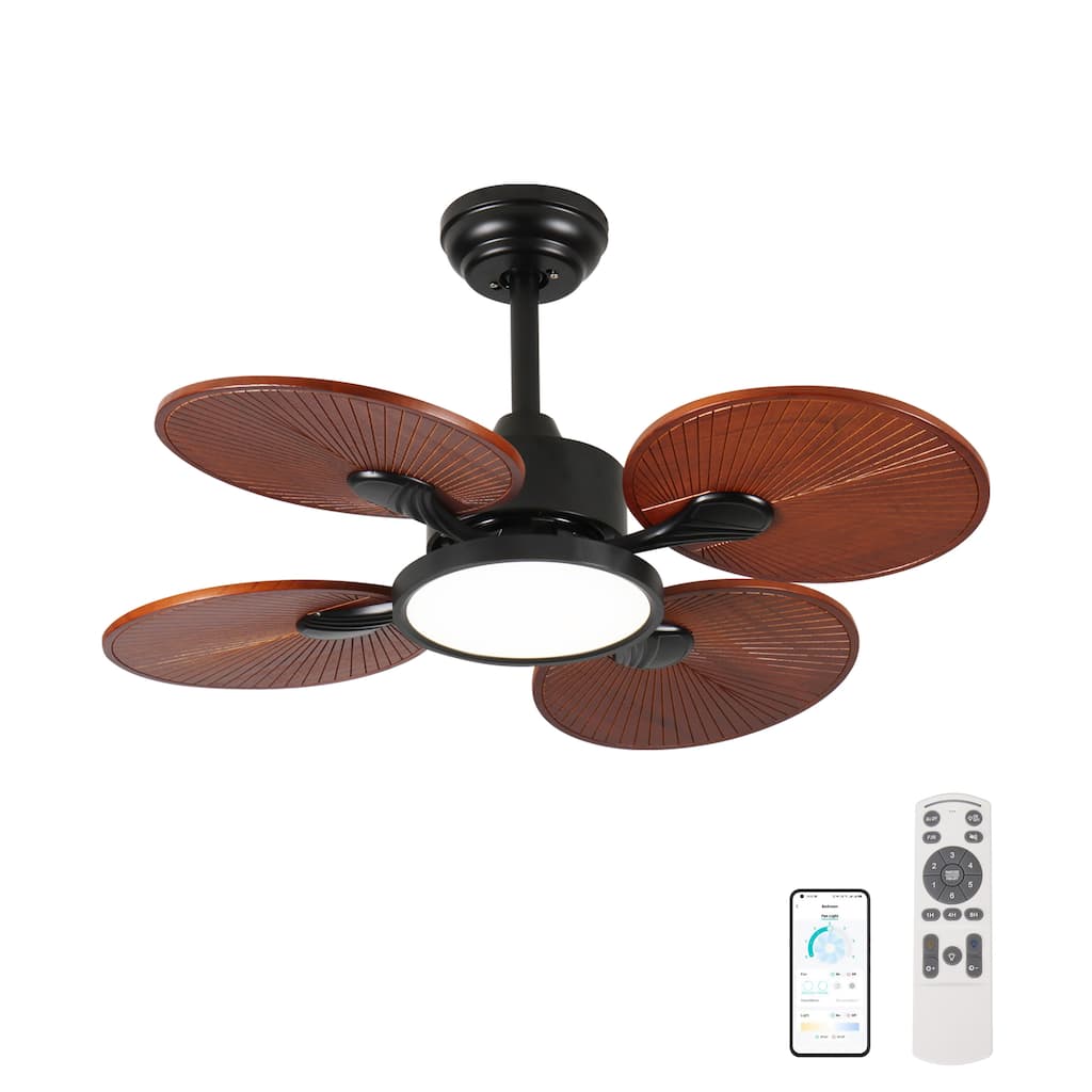 33-Inch Ceiling Fan with Light, 5 Solid Wood Blades, DC Motor, APP & Remote Control, Dimmable Full-Spectrum LED