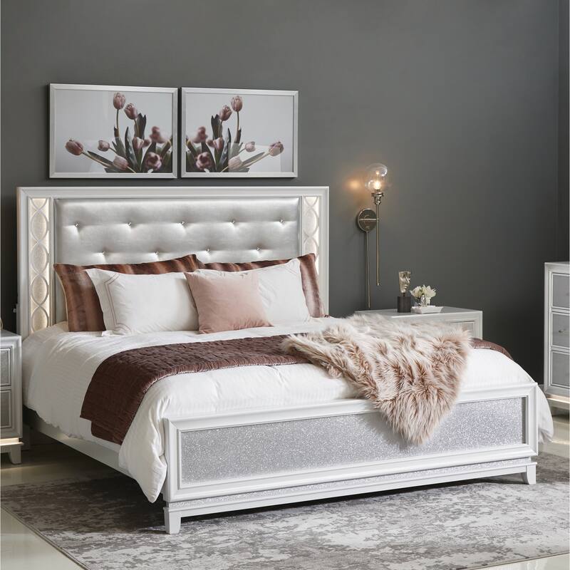 Roundhill Furniture Galaxy Upholstered Tufting Panel Bed with LED Lights in Pearlized White