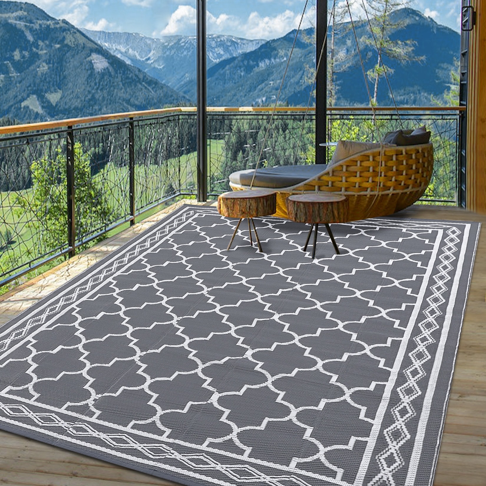  Outdoor Rug 5x8 Waterproof-Boho Plastic Straw Rug for