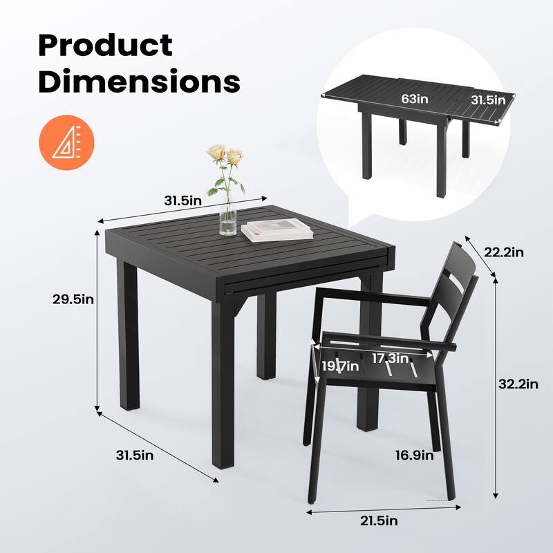 Outdoor Aluminum Dining Set with Expandable Dining Table and Chairs