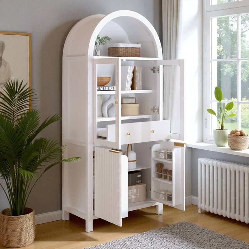 71" Tall Fluted Pantry Cabinet with Glass Doors, Adjustable Shelves and Hidden Drawer for Kitchen or Dining Room