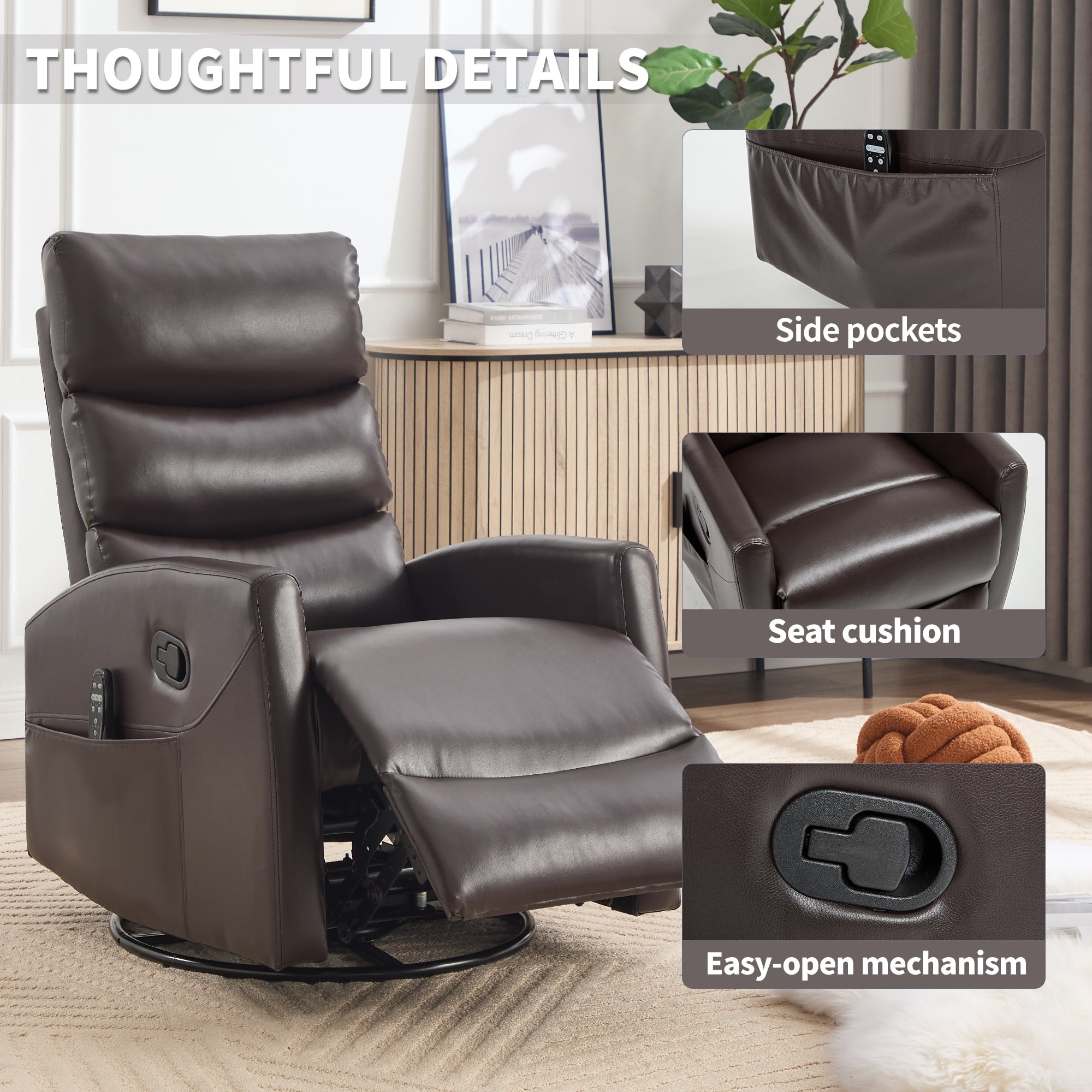 Manual Recliner Chair Heat Massage with Rocker and Swivel in Fabric