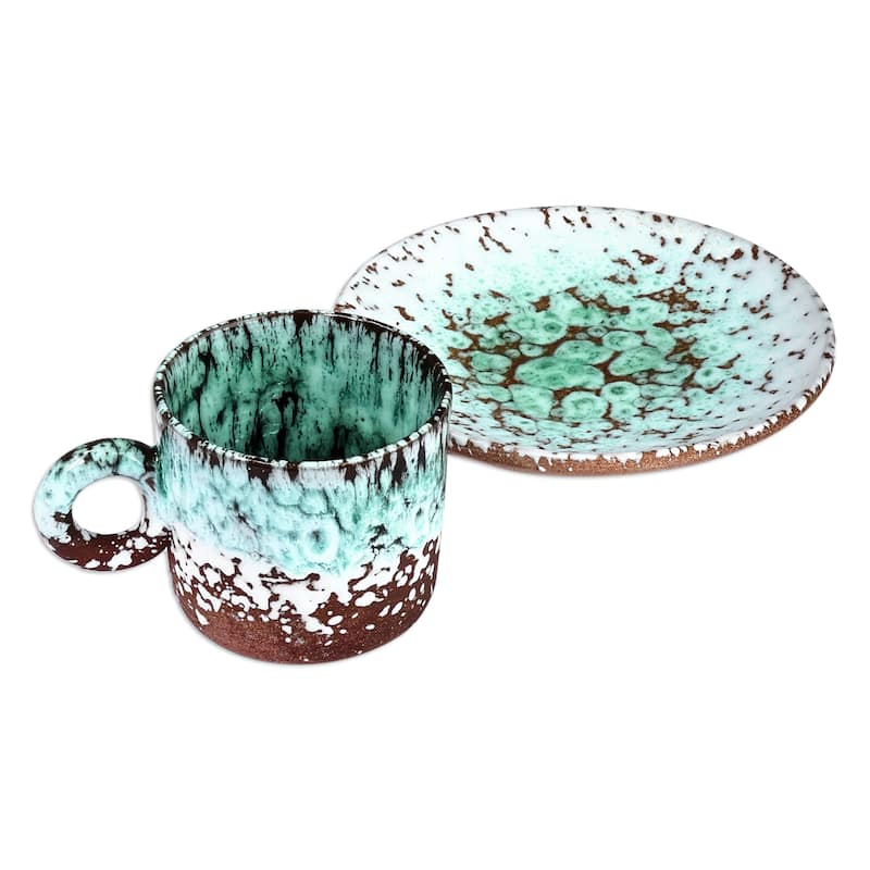 Novica Handmade Aqua Coffee Breeze Ceramic Cup And Saucer