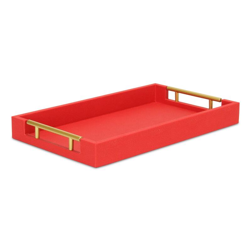 HomeRoots 16" Red Wood and Vinyl Faux Shagreen Handmade Serving Tray With Handles