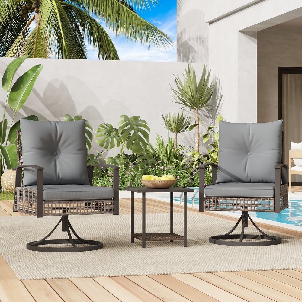 Outdoor Swivel Rocker Patio Chairs Set of 2 with Coffee Table &Cushions, Rattan Bistro Set for Porch, Backyard, Balcony