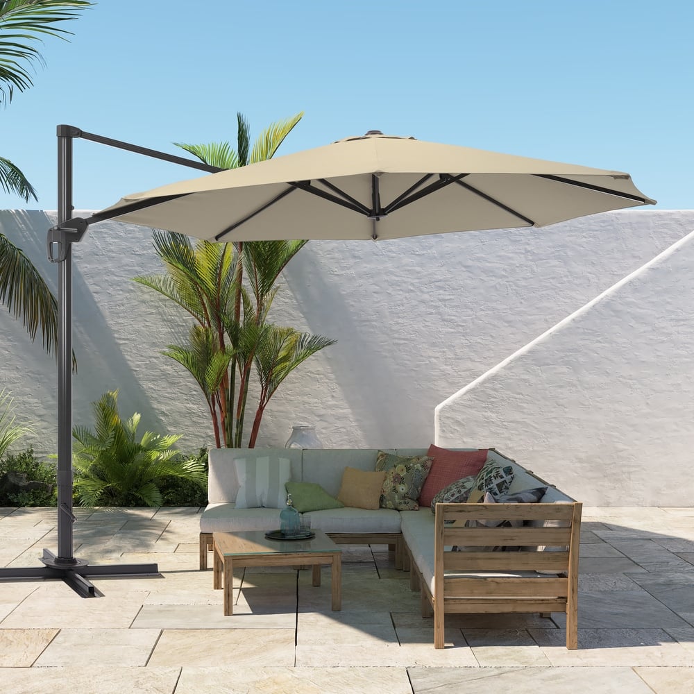 BONOSUKI 11FT LED Cantilever Patio Umbrella 360 Rotation w/Cross Base