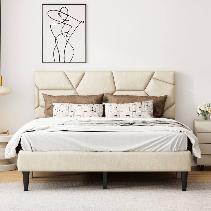 Sturdy Queen Size Bed Frame with LED Headboard, Storage, No Noise, Strong Slats Support - Beige - Full