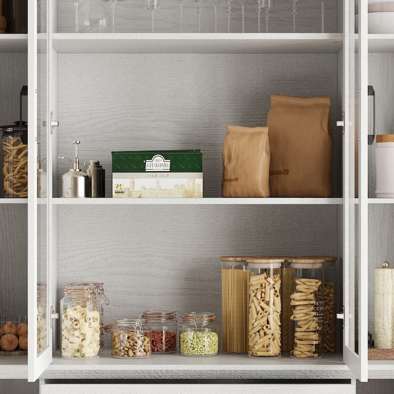 61.8" W Kitchen Pantry Cabinet, Freestanding Cupboard with Glass Doors