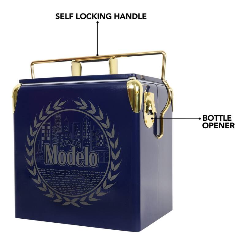 Modelo Retro Ice Chest Cooler W/ Bottle Opener 13L (14 qt), Blue,Gold