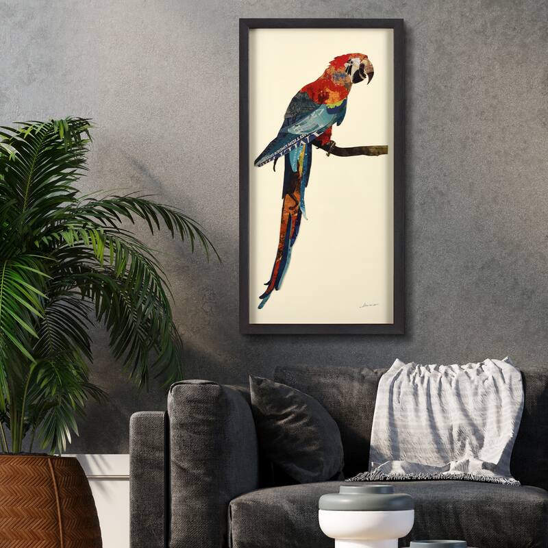 "Tropical Parrot" Alex Zeng's dimensional collage, under glass & a black shadow box frame